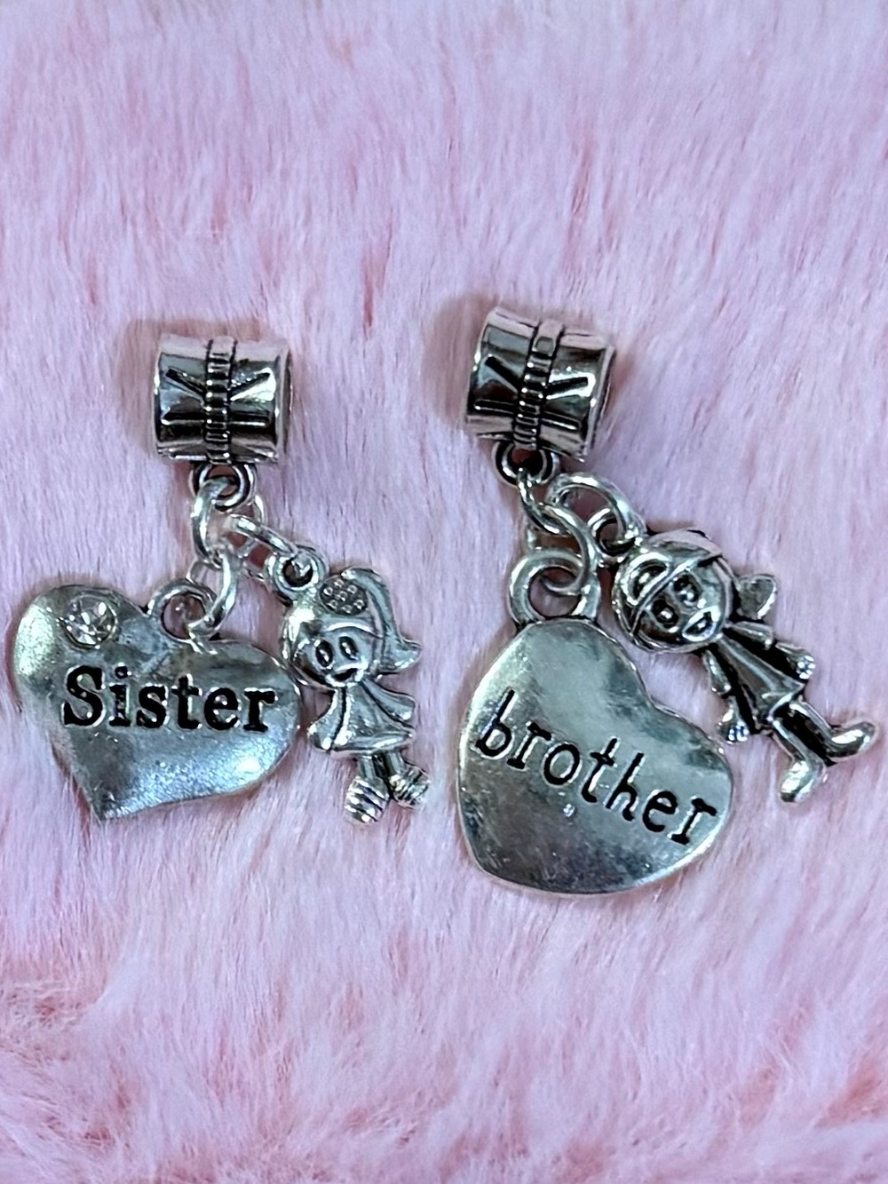 Crystal Sister Brother Silver Charm Set